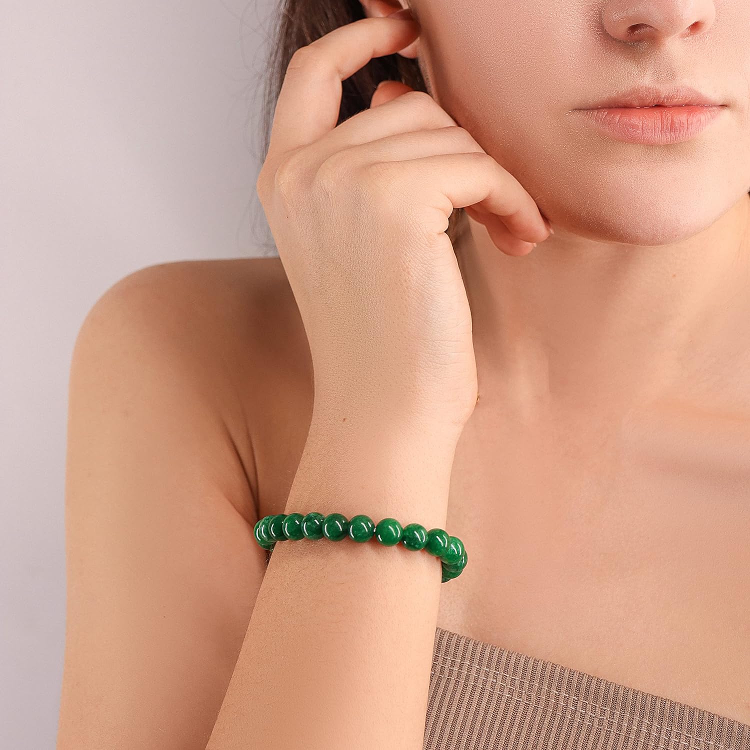 8mm Stretchable Beaded Jade Bracelet for Women Men - Natural Crystal Green Jade Bead Bracelet 