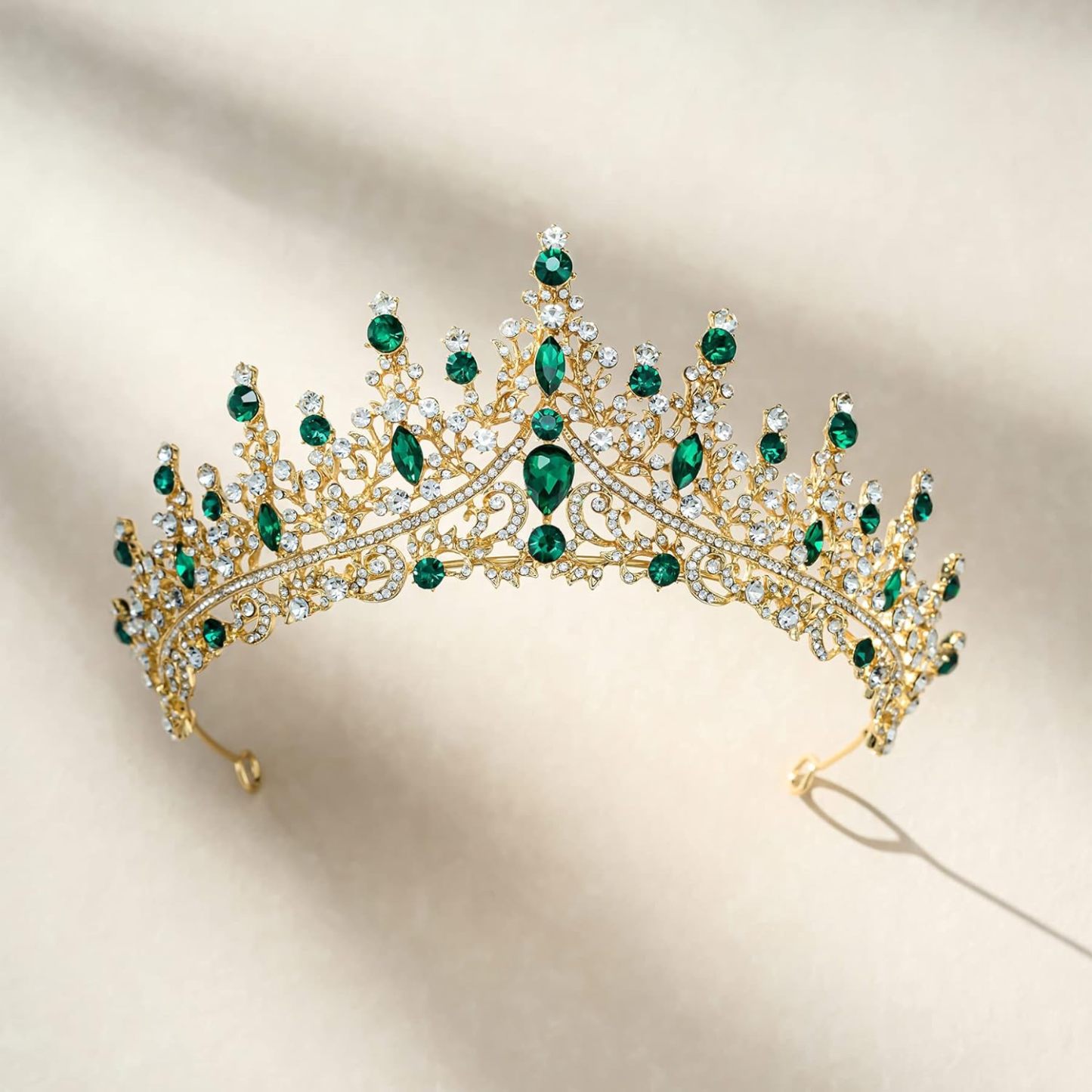 Green Gold Tiara Crown for Women Girls,Queen Crown Princess Diadem,Crystal Hair Accessories for Quinceanera Pageant Prom Birthday,Audrey