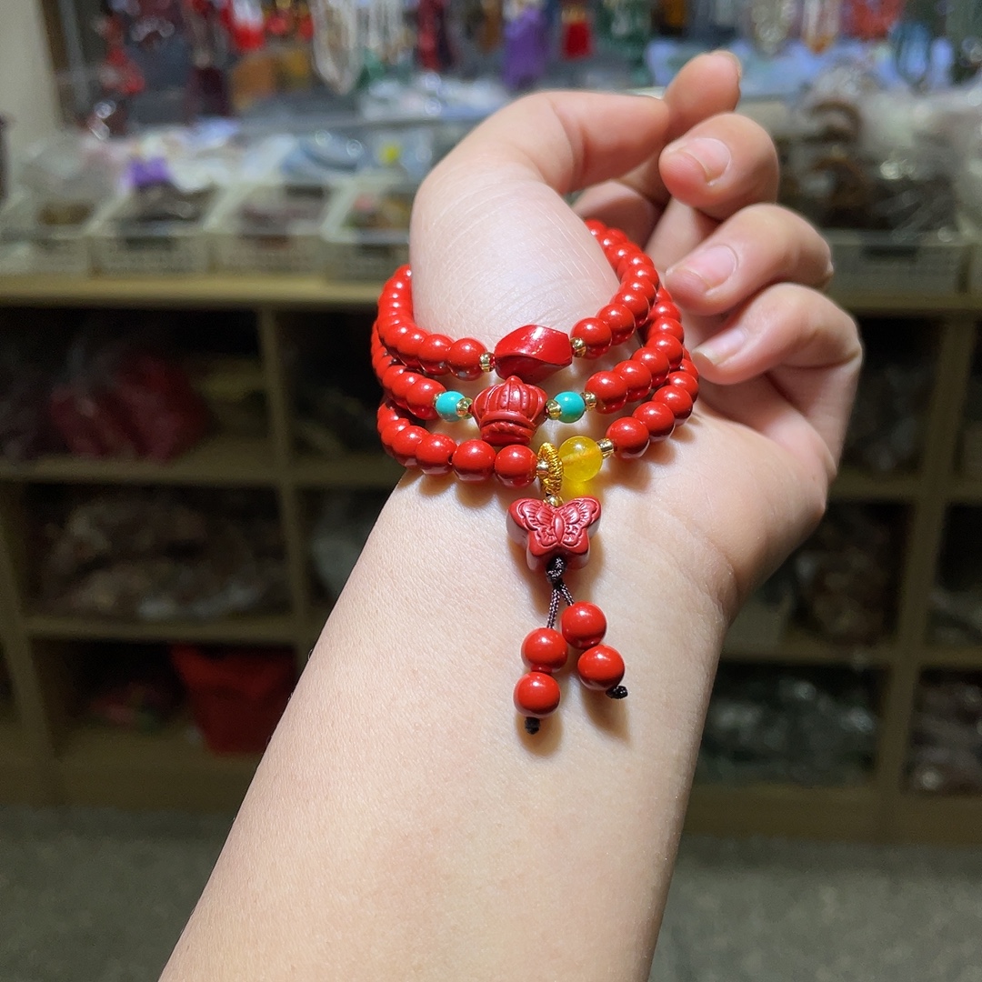 Cinnabar red sand butterfly three-circle bracelet, bead diameter about 6mm