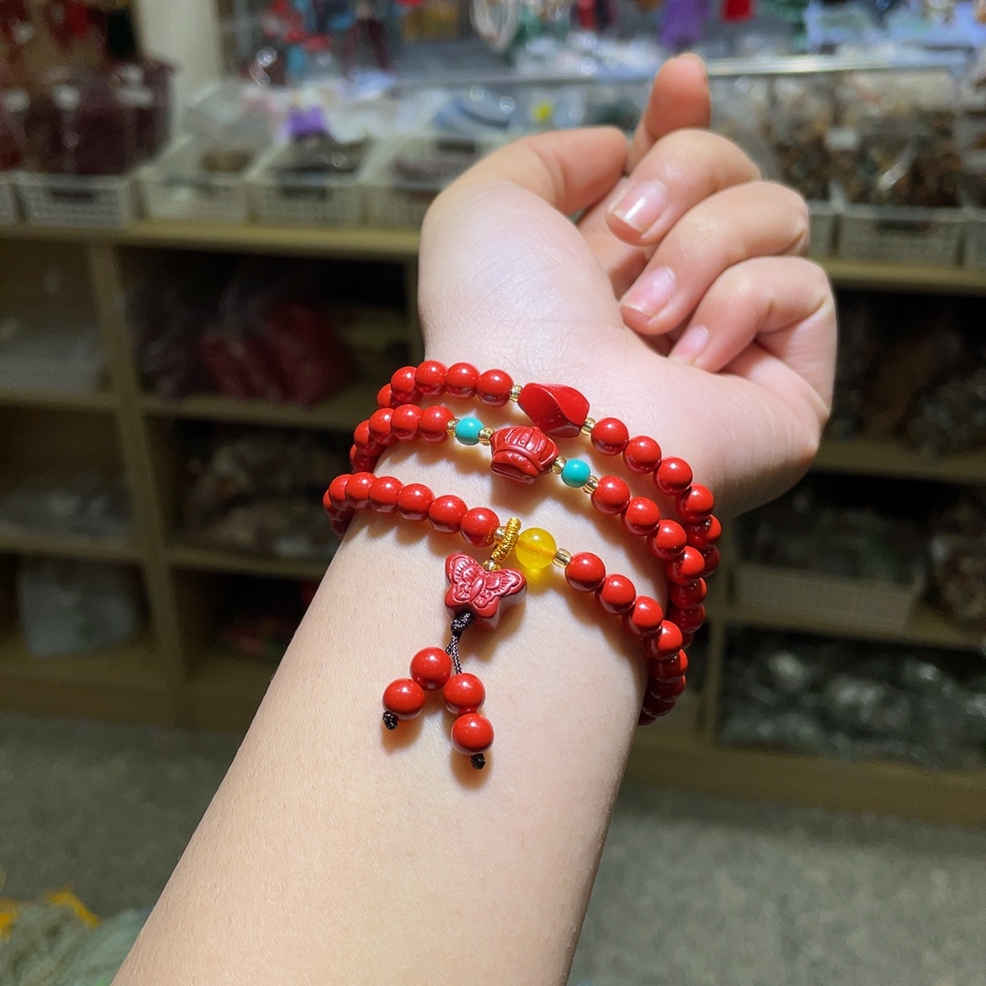 Cinnabar red sand butterfly three-circle bracelet, bead diameter about 6mm