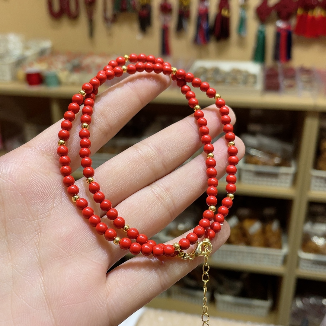 Cinnabar and red sand necklace, bead diameter about 4mm 