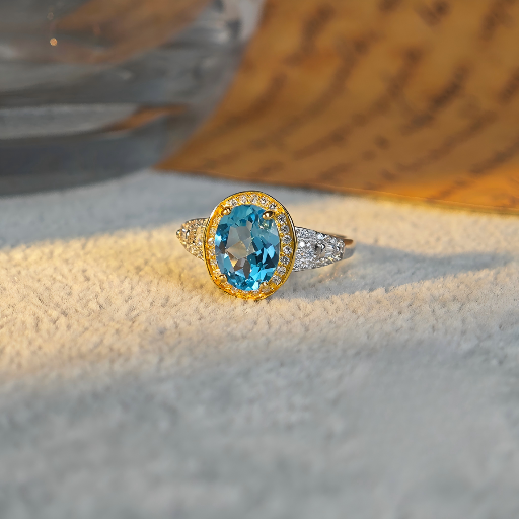 S925 Silver Sunflower With Four Claws Set With Natural Blue Topaz Ring