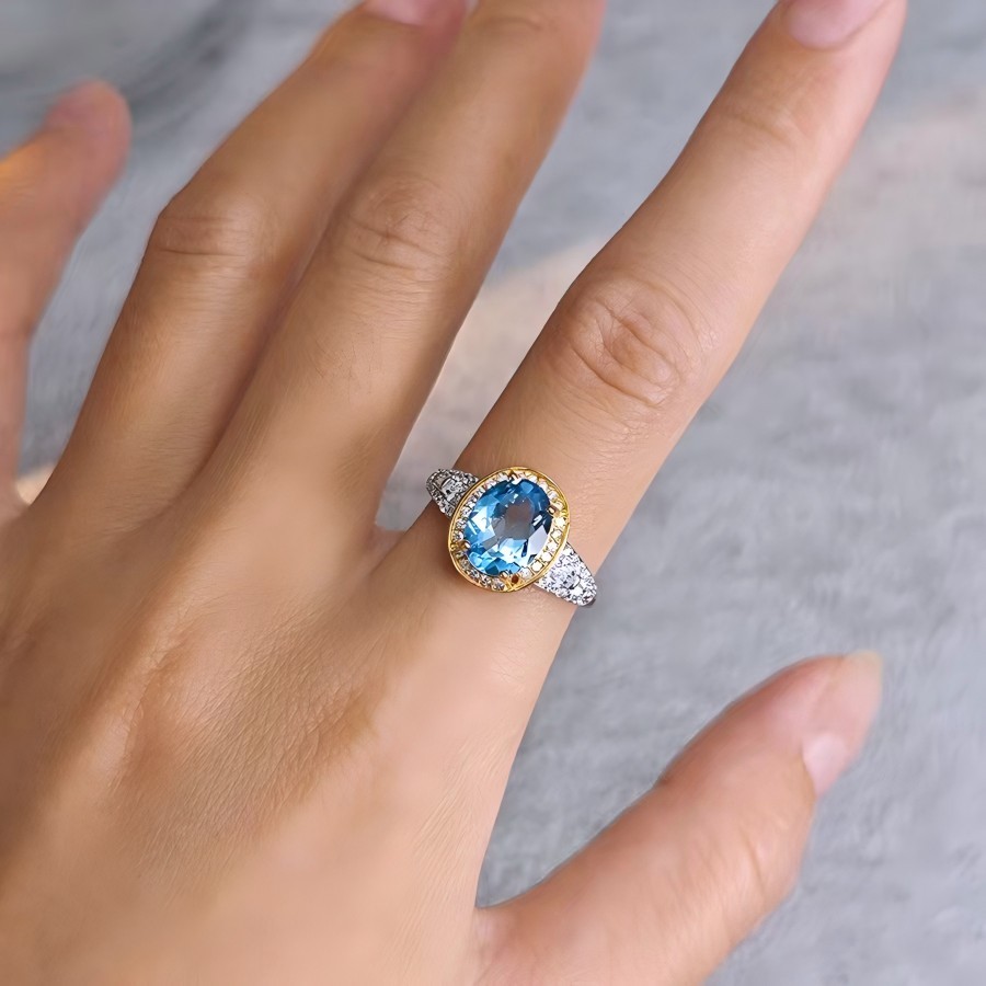 S925 Silver Sunflower With Four Claws Set With Natural Blue Topaz Ring