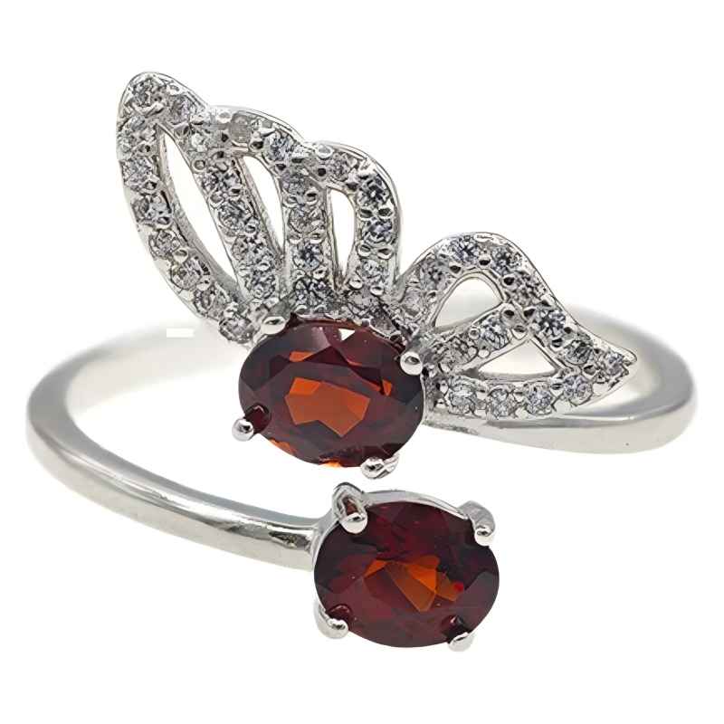 S925 Garnet Ring Opening One Side Butterfly Design