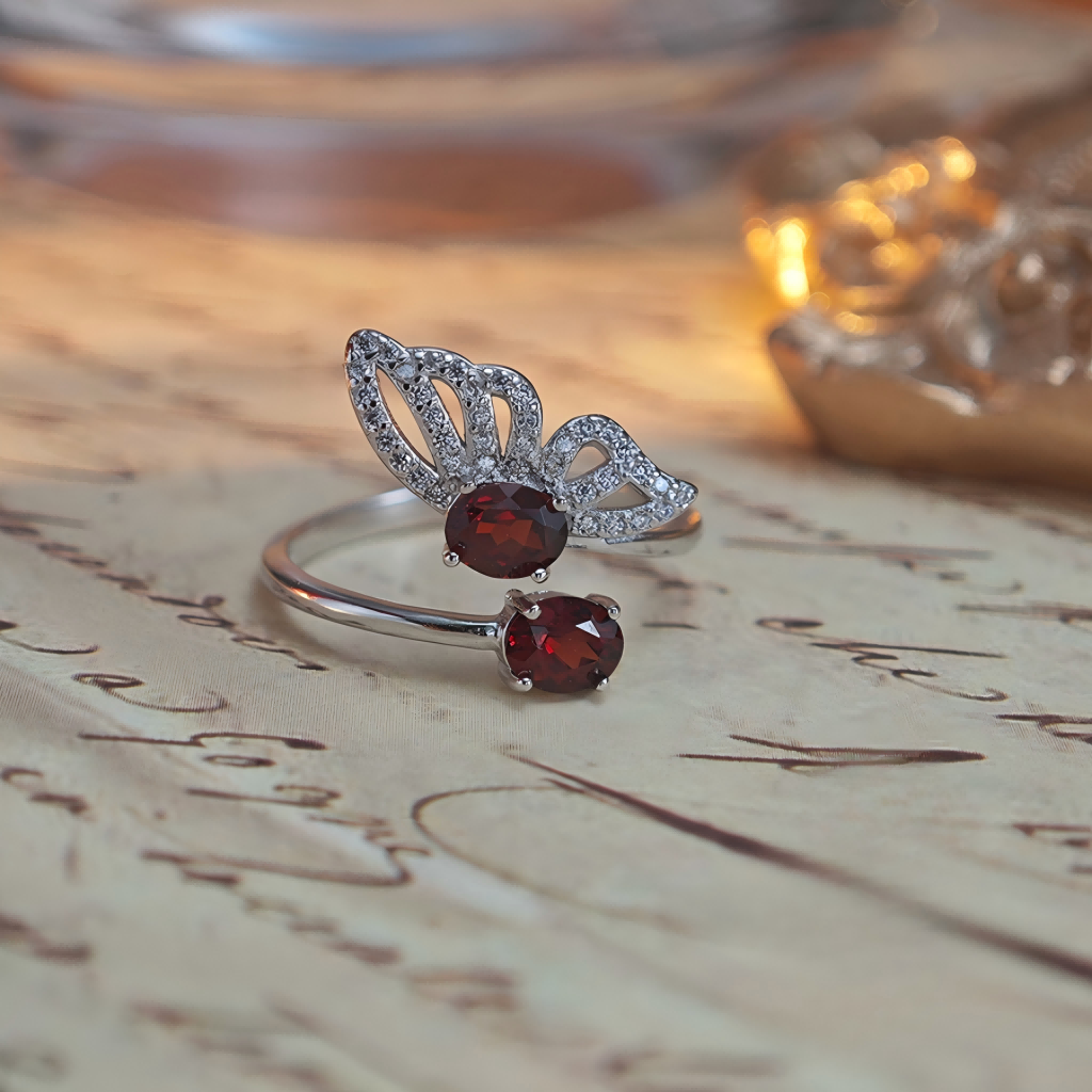 S925 Garnet Ring Opening One Side Butterfly Design