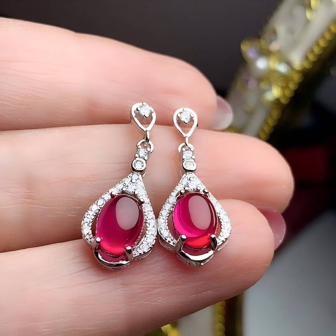 S925 Oval Egg Surface Garnet Silver / Rose Gold Earring