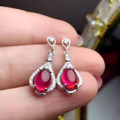 S925 Oval Egg Surface Garnet Silver / Rose Gold Earring