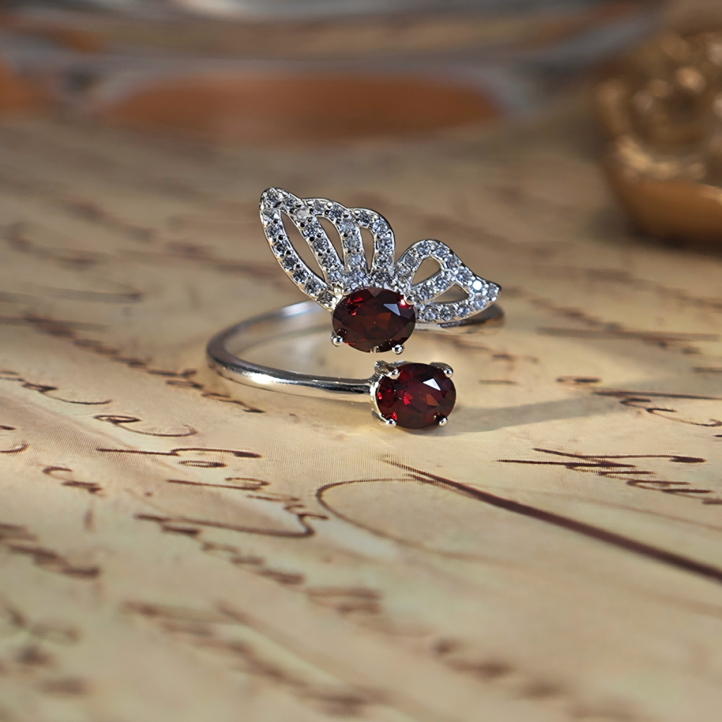 S925 Garnet Ring Opening One Side Butterfly Design