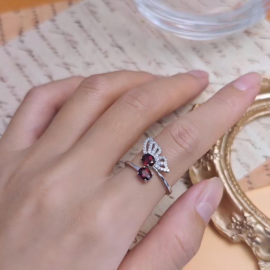 S925 Garnet Ring Opening One Side Butterfly Design