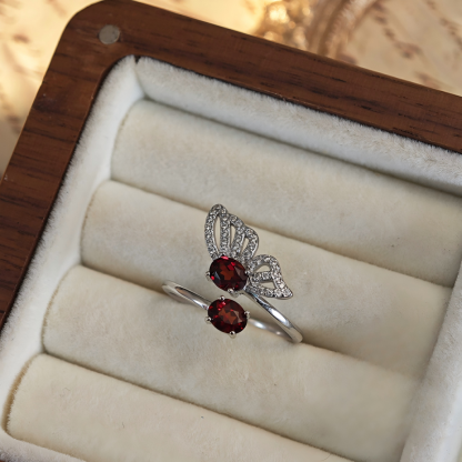 S925 Garnet Ring Opening One Side Butterfly Design