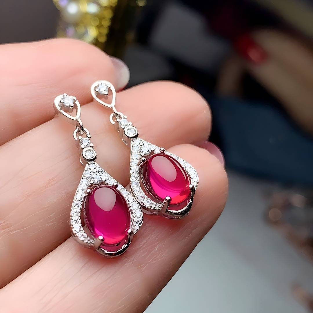 S925 Oval Egg Surface Garnet Silver / Rose Gold Earring