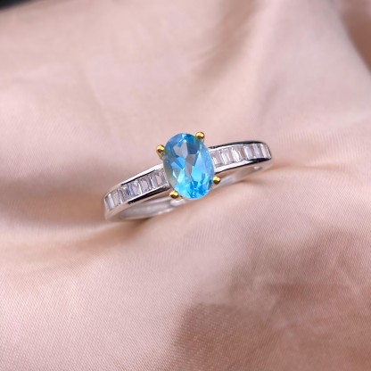 London Blue Topaz S925 Gold Inlay Faced Exquisite Simple Natural Crystal Silver Ring