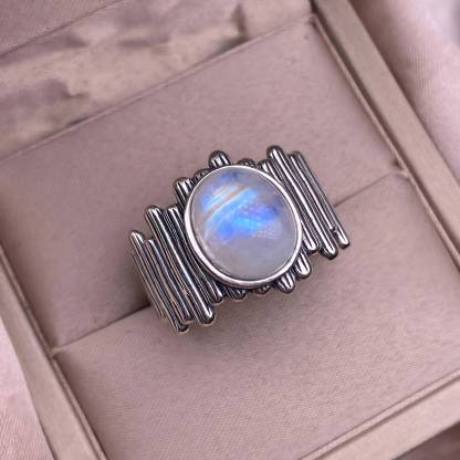 Aquamarine S925 Classical Oval Natural Crystal Large Band Silver Ring 