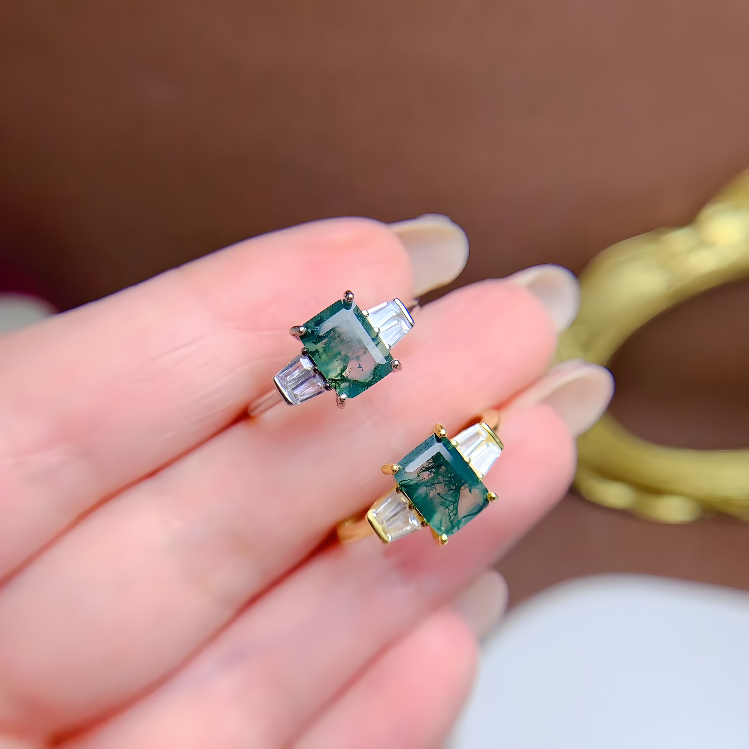 Square Moss Agate S925 Silver Ring Four Claws Design