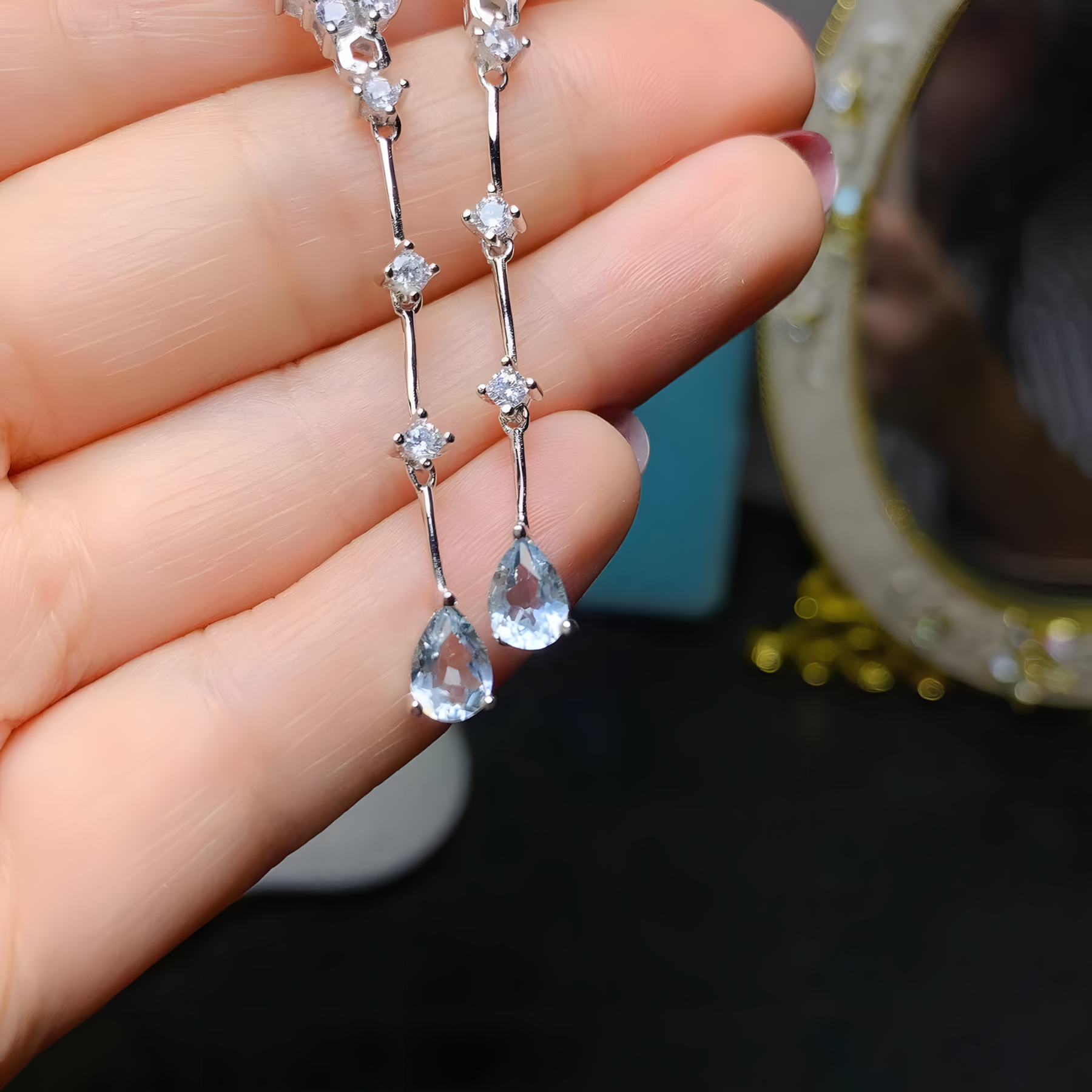 Tear Drop Aquamarine S925 Sliver Earring Y Dangling Design