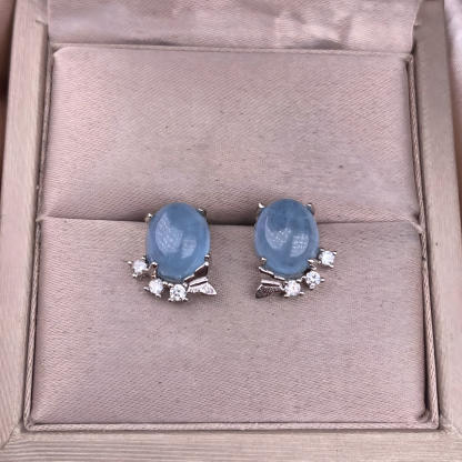 Oval Aquamarine S925 Silver Earring Four Claw Inlaid With Butterfly Design