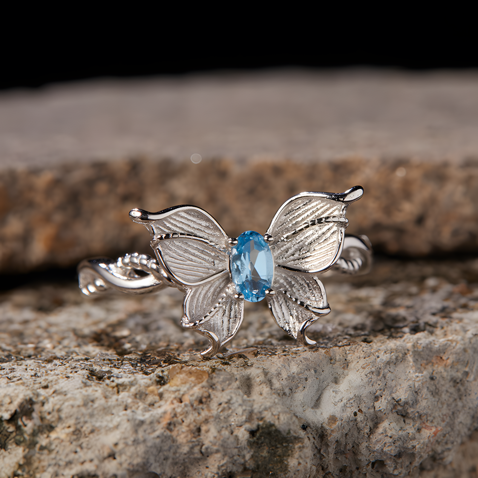 Faceted Oval Blue Topaz S925 Silver Ring Double Layer Three-dimensional Butterfly Design