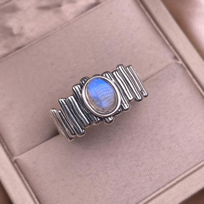 Aquamarine S925 Classical Oval Natural Crystal Large Band Silver Ring 