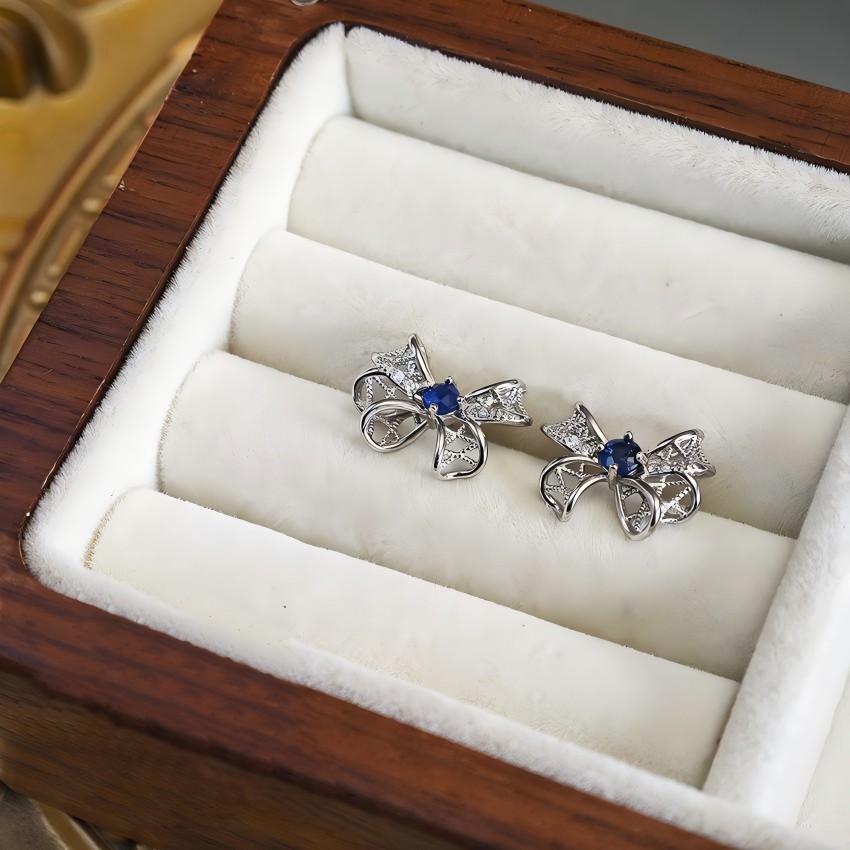 Bowknot Design S925 Earring Inlay A Sapphire Natural Crystal