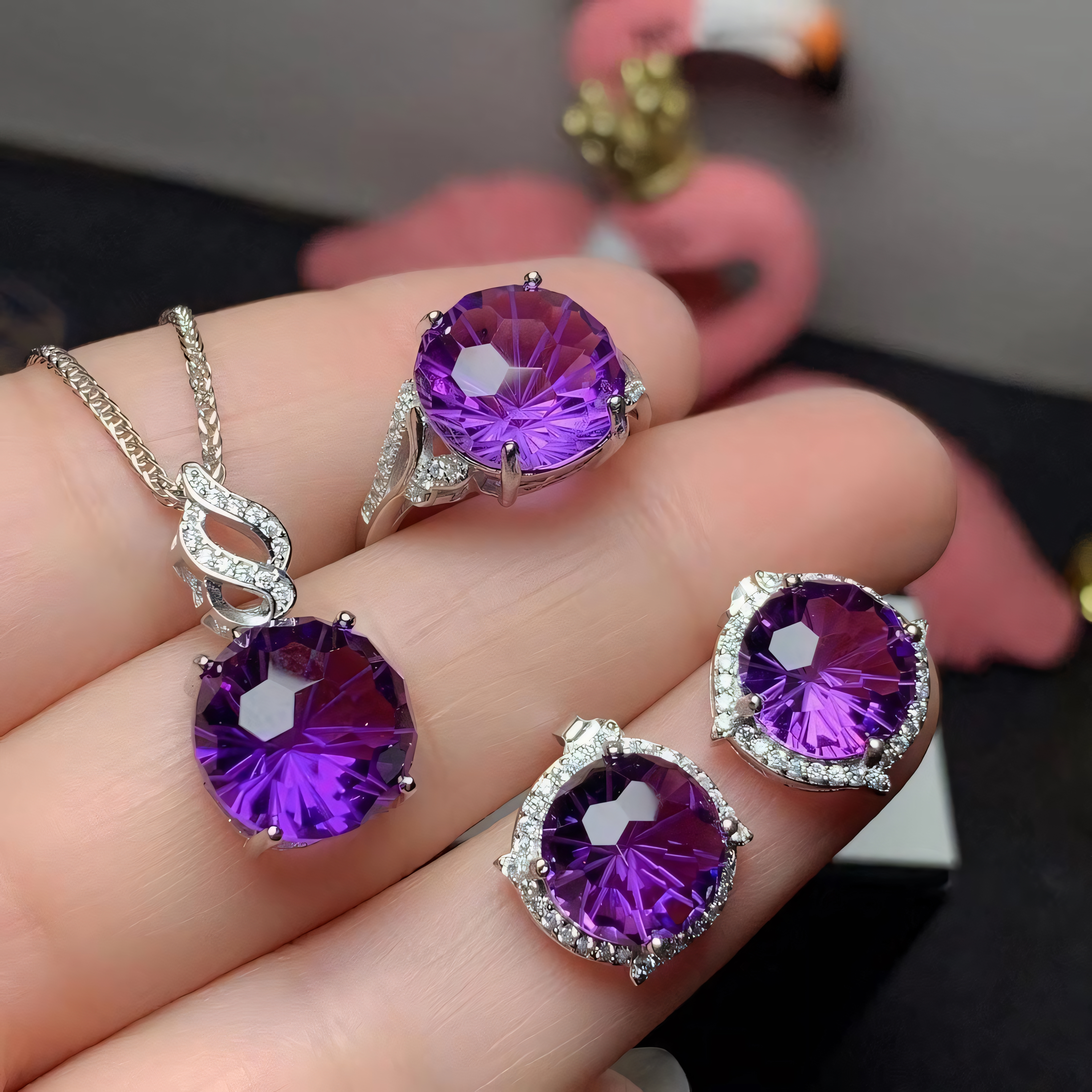 Firework Amethyst S925 Silver Ring / Earring / Pendent Grappling Hook Design