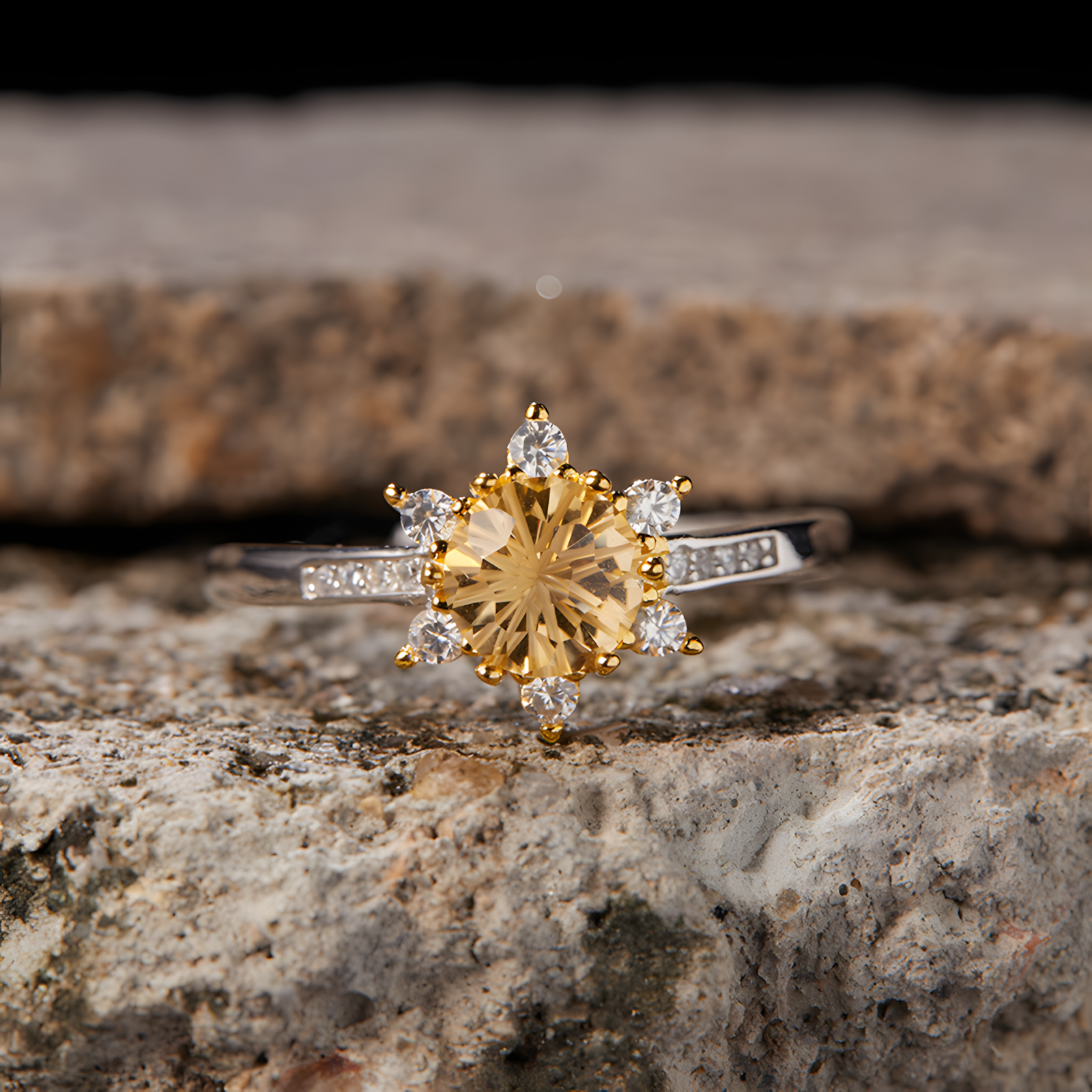 Firework Citrine S925 Silver Ring Sun Flower Design Light Luxury Lucky Fortune