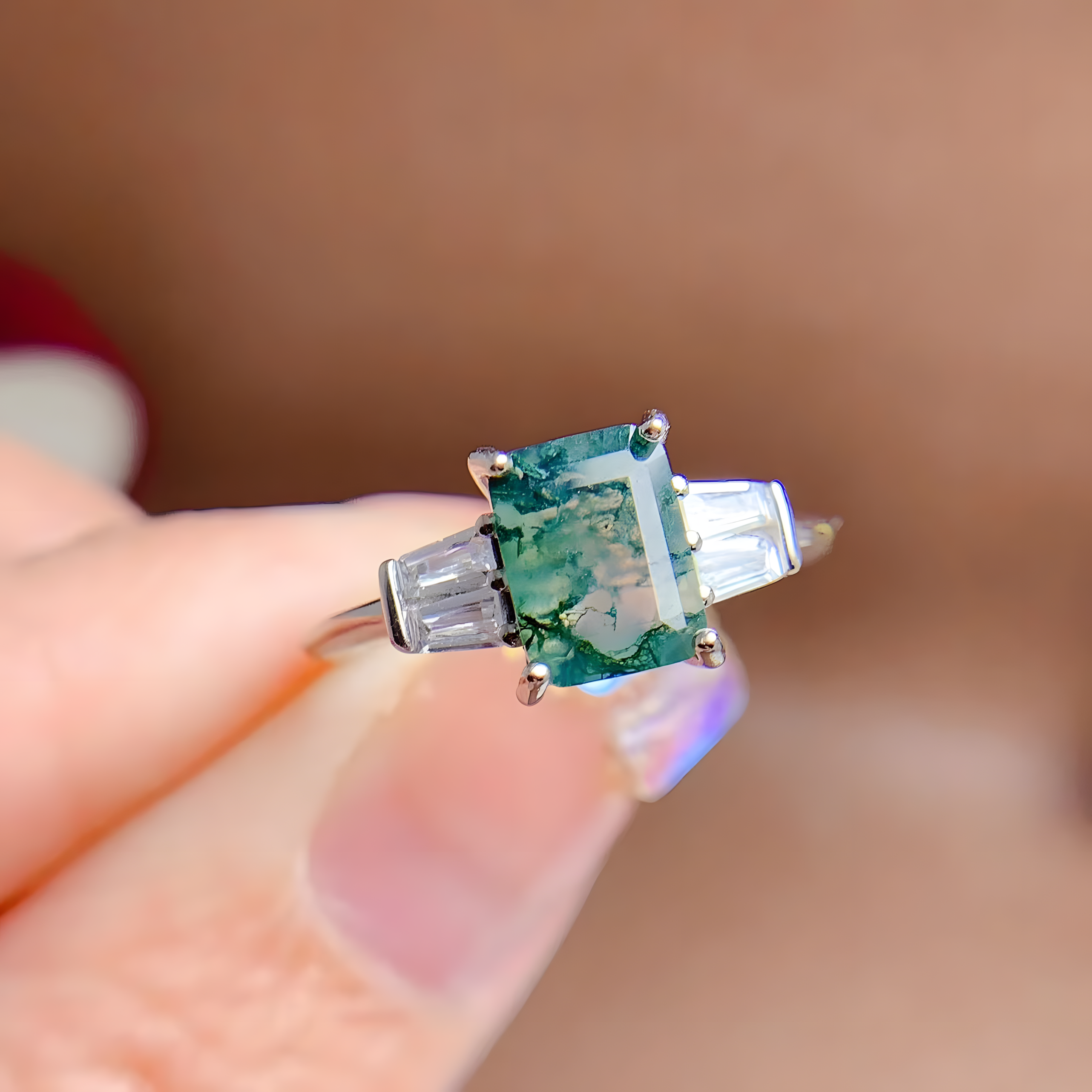 Square Moss Agate S925 Silver Ring Four Claws Design