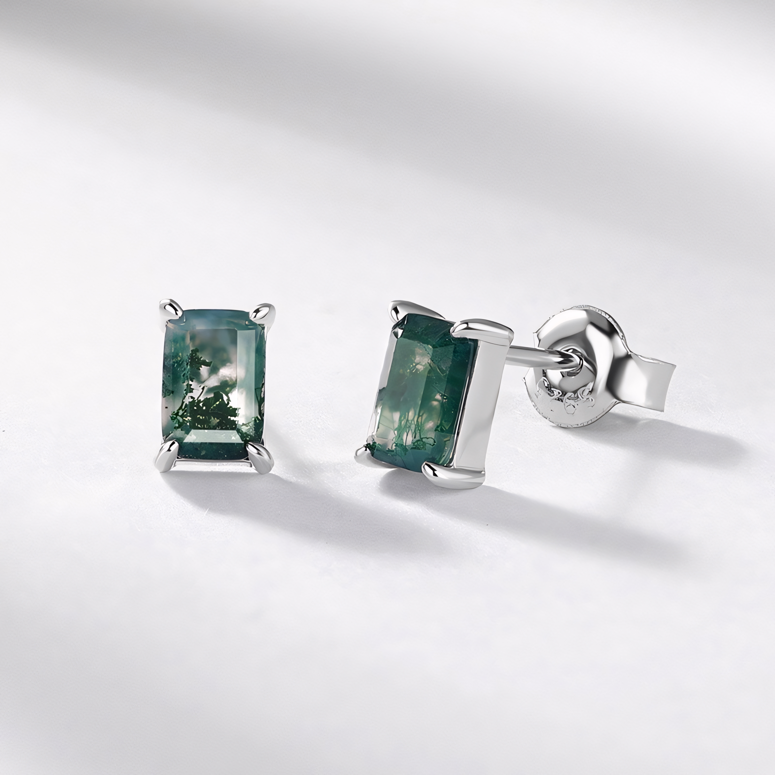 Classic Rectangle Natural Moss Agate S925 Sterling Silver Stud Earrings