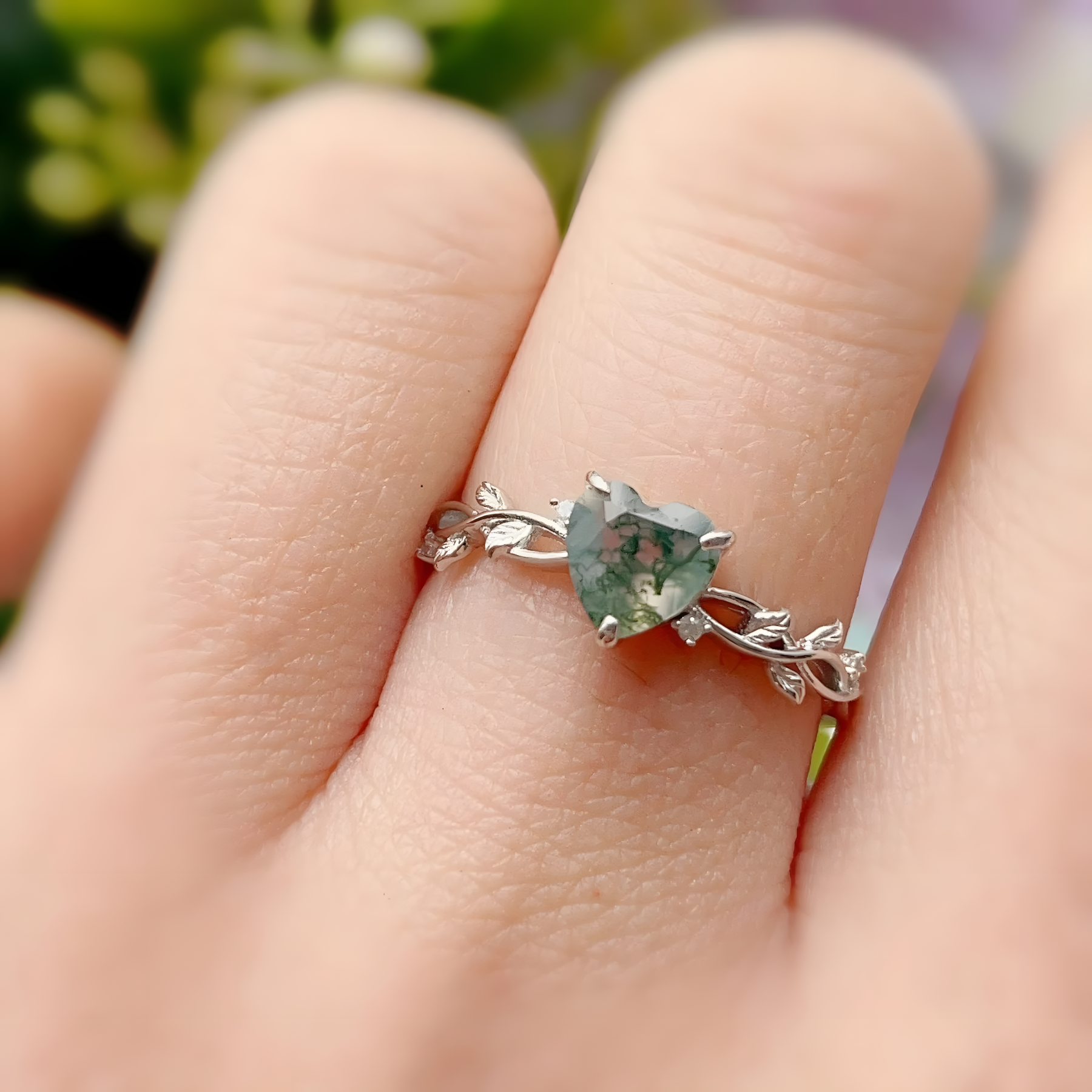 Heart Moss Agate S925 Silver Ring Twigs Leaves Design