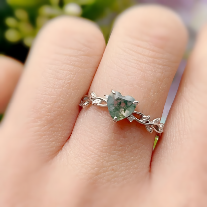 Heart Moss Agate S925 Silver Ring Twigs Leaves Design