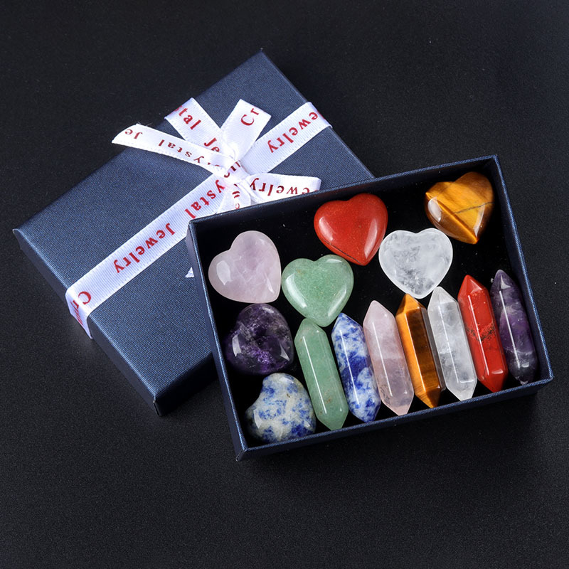 Crystal Polished Heart-Shaped Seven-Chakra Stone Double-Terminated Hexagonal Prism Colorful Gift Box Set