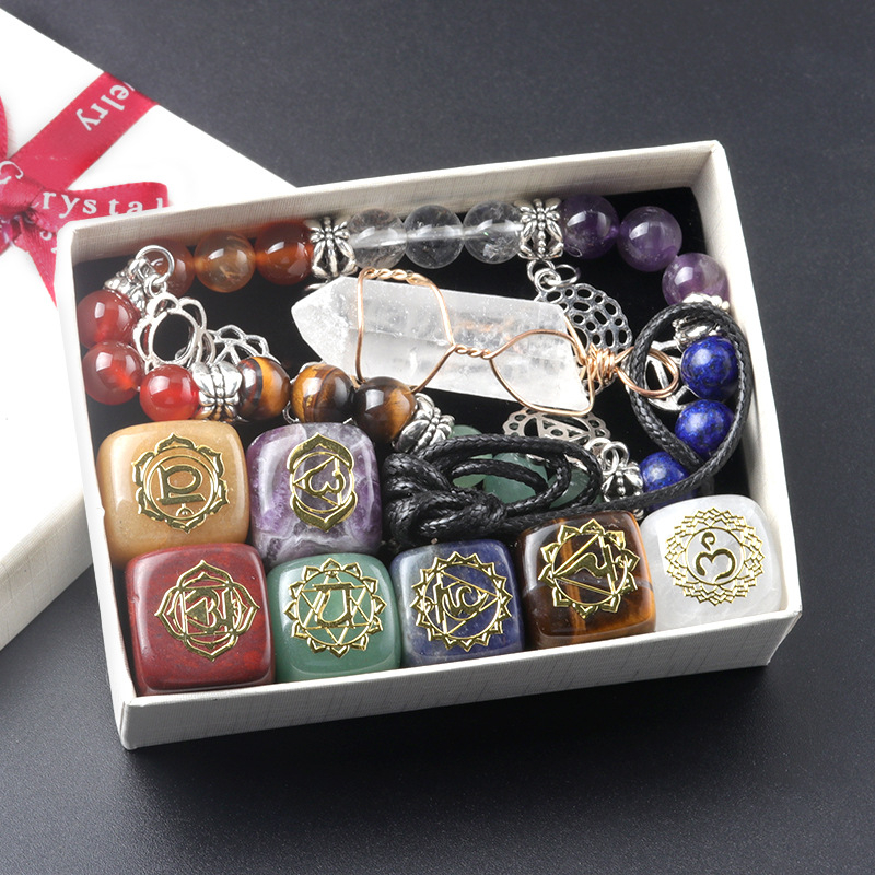Seven-Chakra Stone Cube Yoga Bracelet and Crystal Column Necklace Set