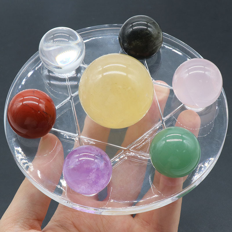 Seven-colored purple, white, pink, yellow, black, green, red crystal balls carving