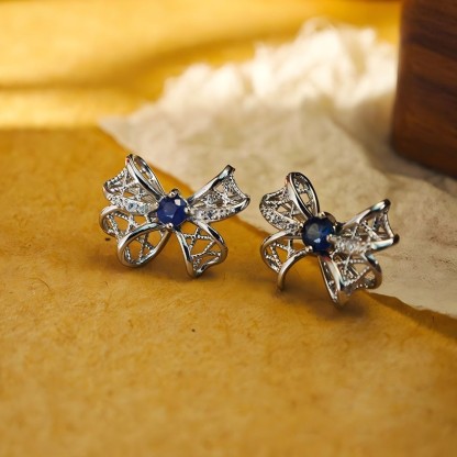 Bowknot Design S925 Earring Inlay A Sapphire Natural Crystal