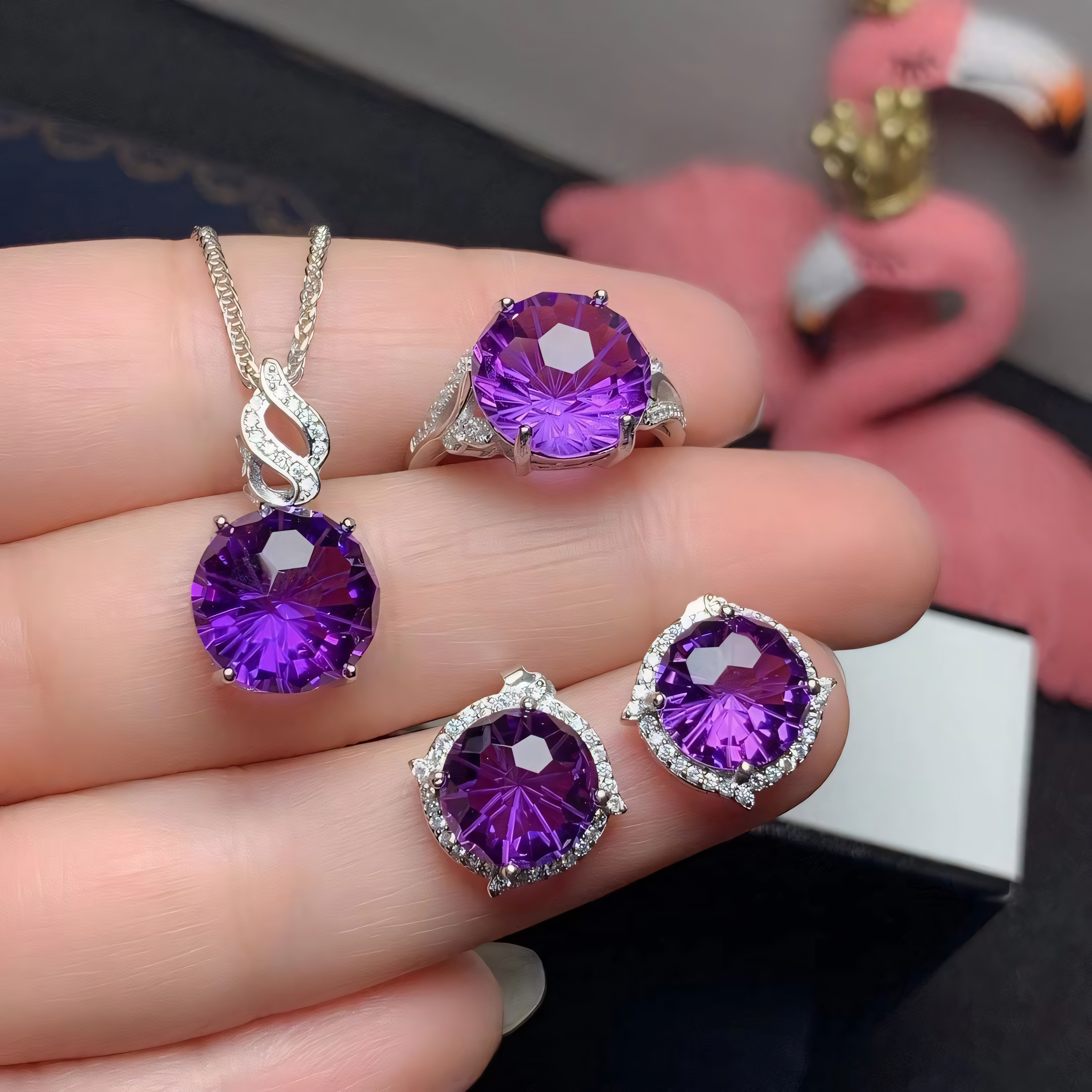 Firework Amethyst S925 Silver Ring / Earring / Pendent Grappling Hook Design