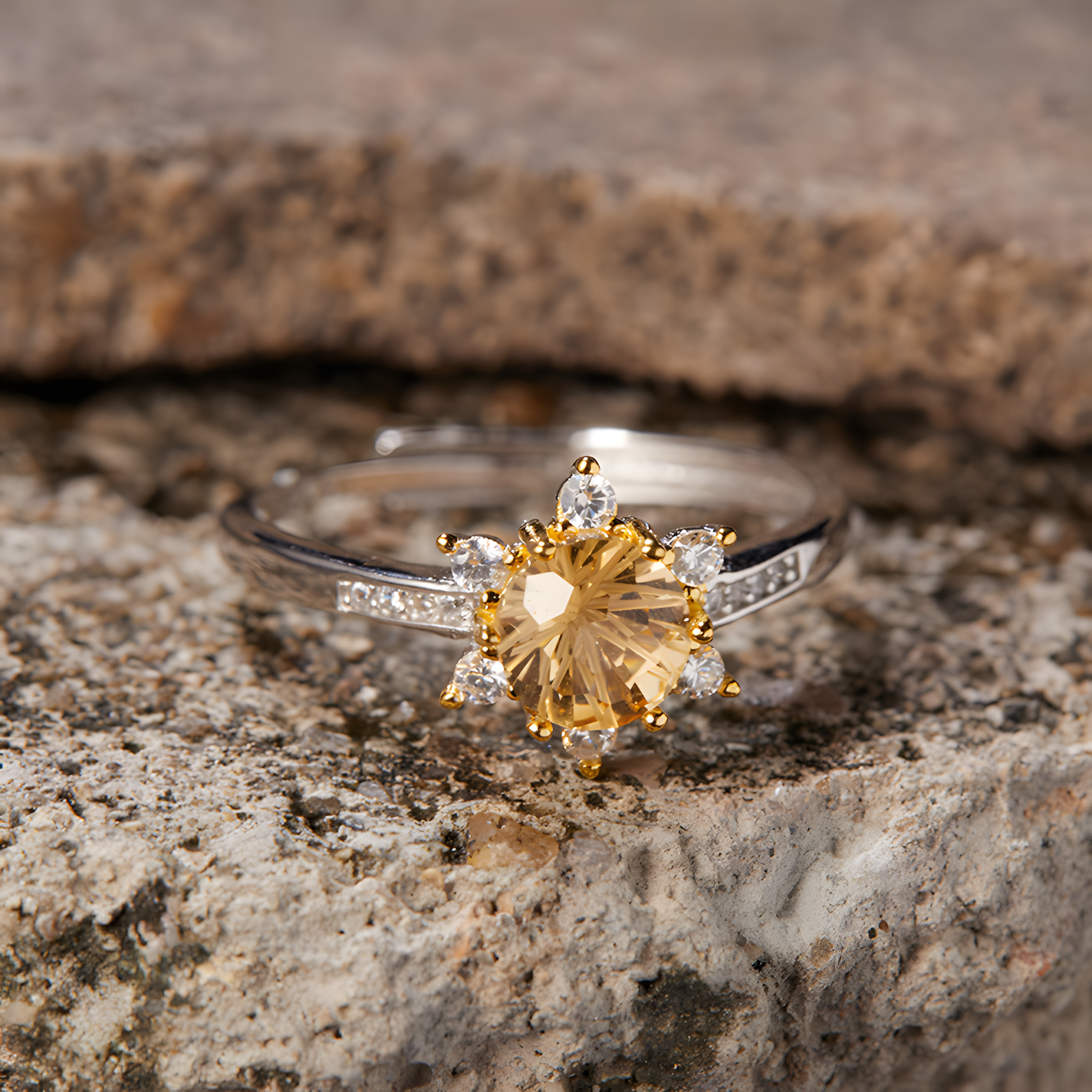 Firework Citrine S925 Silver Ring Sun Flower Design Light Luxury Lucky Fortune