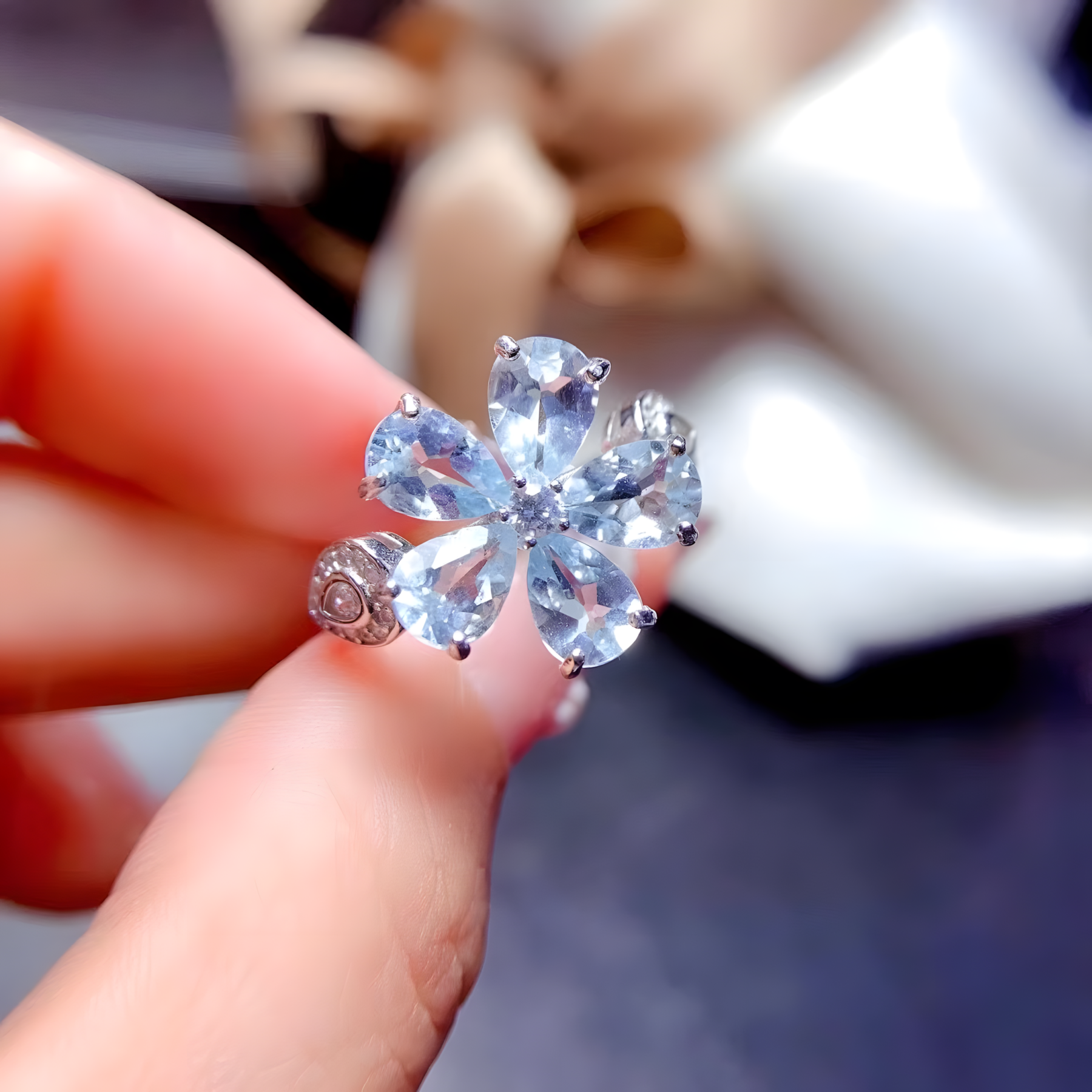 Aquamarine S925 Silver Ring Flower Design