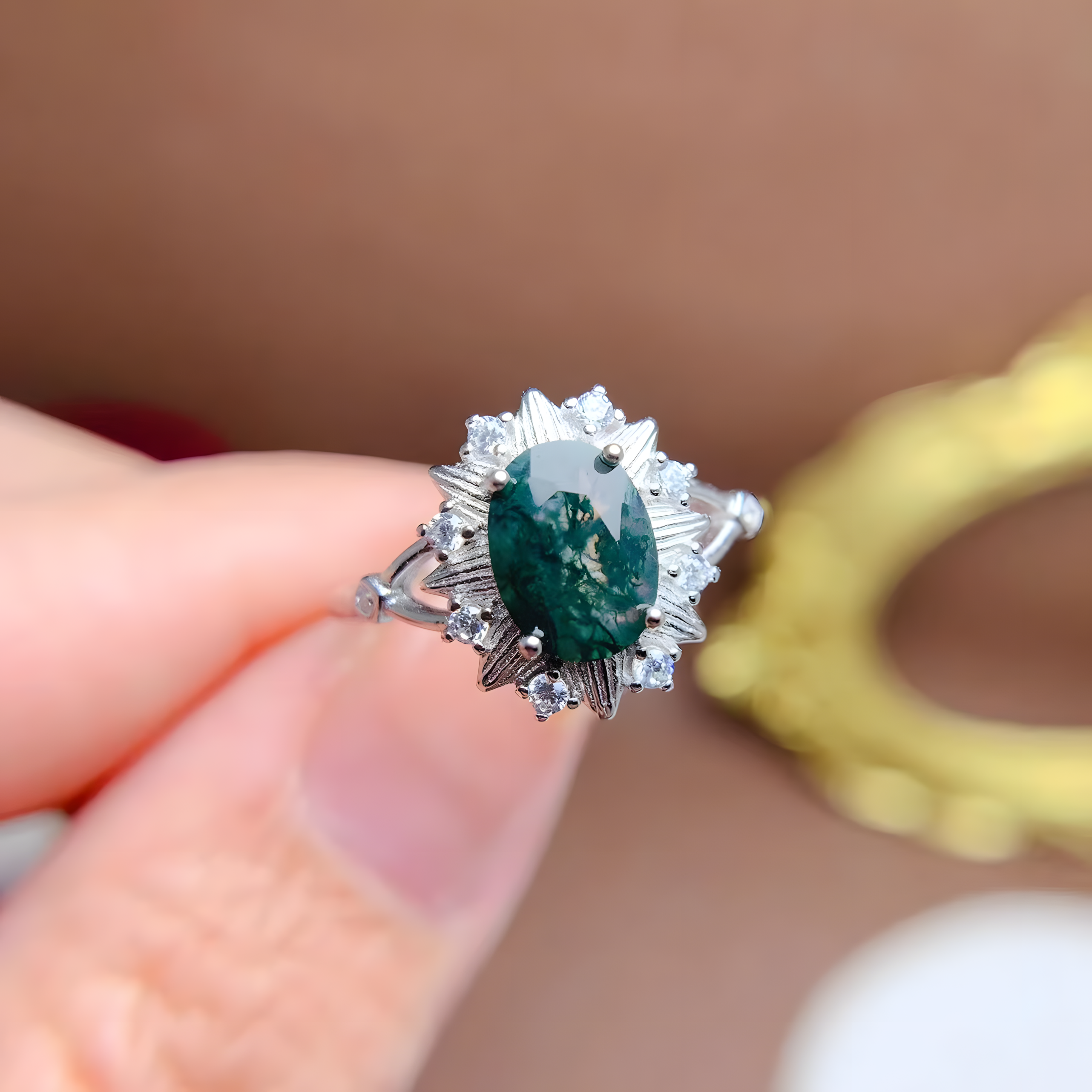 Oval Moss Agate S925 Silver Ring Flower Design