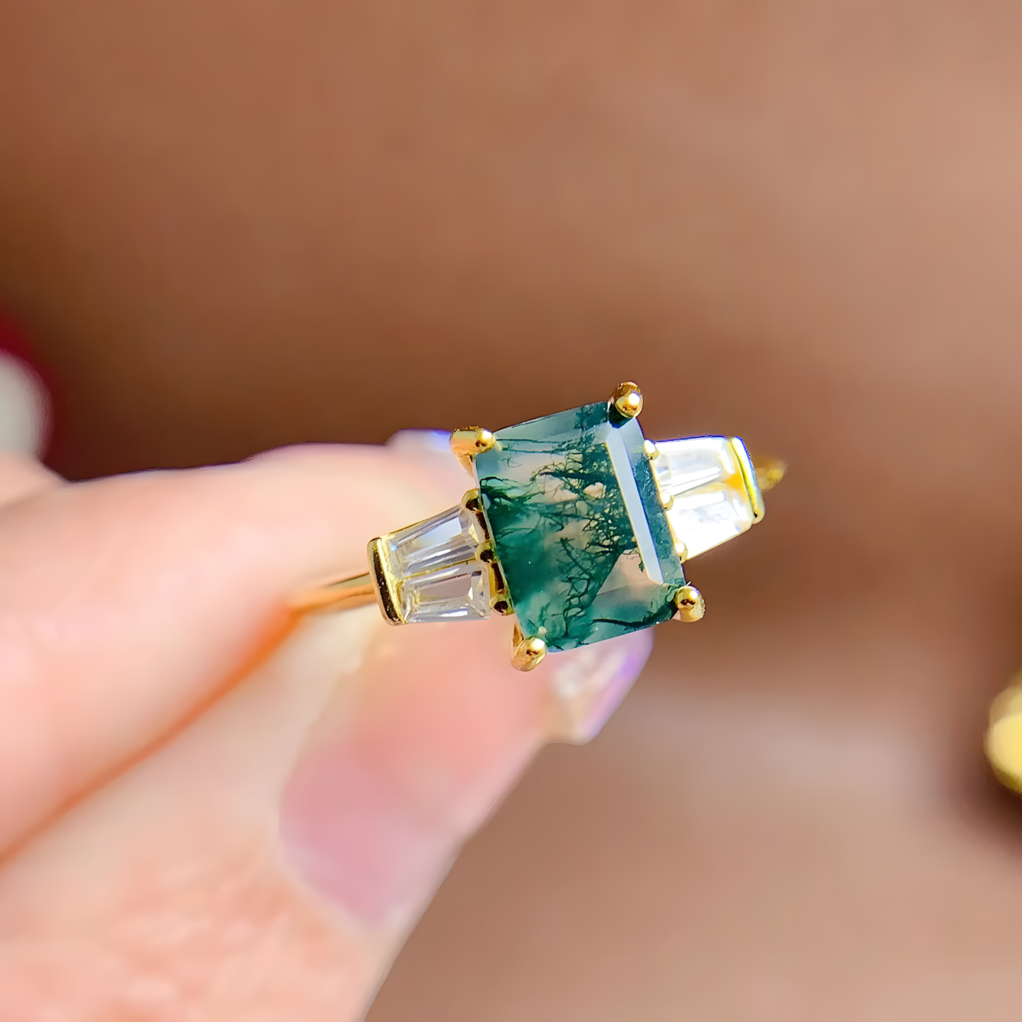 Square Moss Agate S925 Silver Ring Four Claws Design