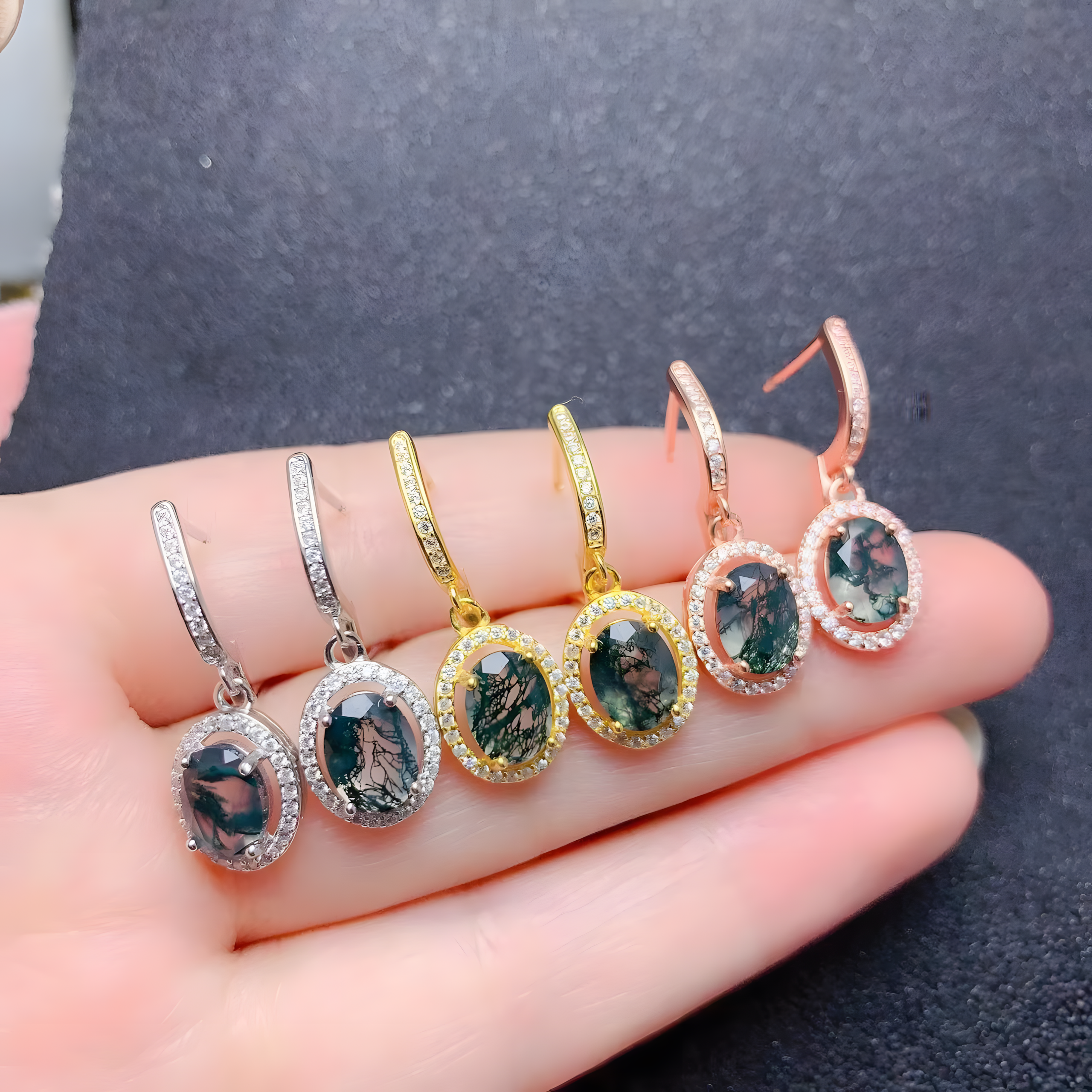 Oval Moss Agate S925 Silver Earrings Four Claws Design