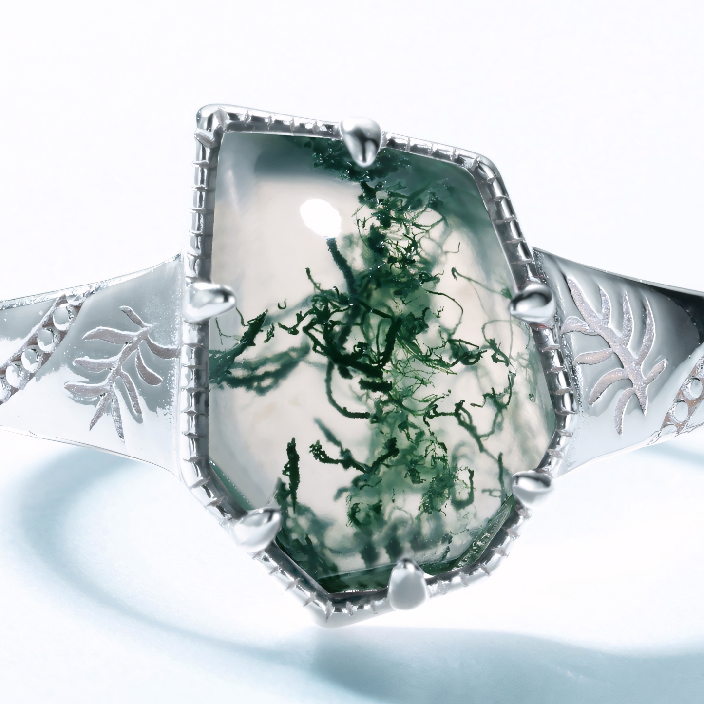 Geometric Irregular Shape Moss Agate Ring S925 Sterling Silver