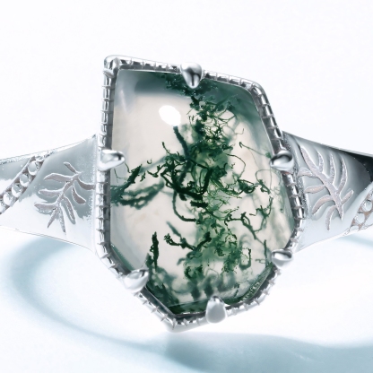 Geometric Irregular Shape Moss Agate Ring S925 Sterling Silver