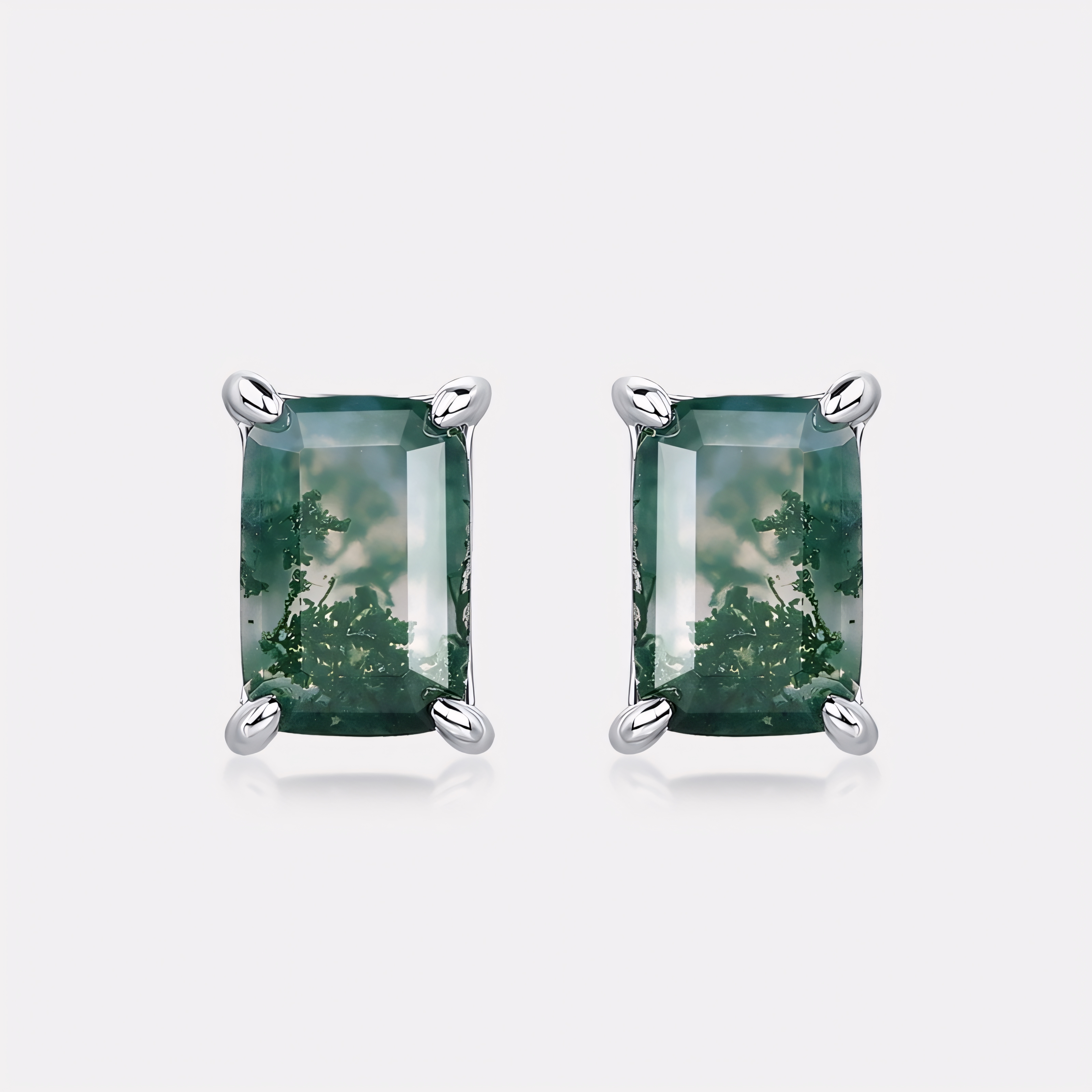 Classic Rectangle Natural Moss Agate S925 Sterling Silver Stud Earrings