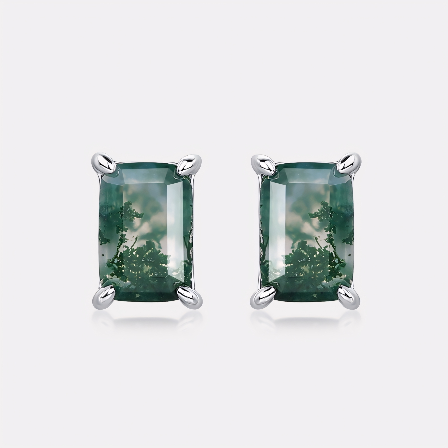 Classic Rectangle Natural Moss Agate S925 Sterling Silver Stud Earrings