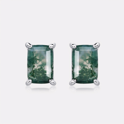 Classic Rectangle Natural Moss Agate S925 Sterling Silver Stud Earrings
