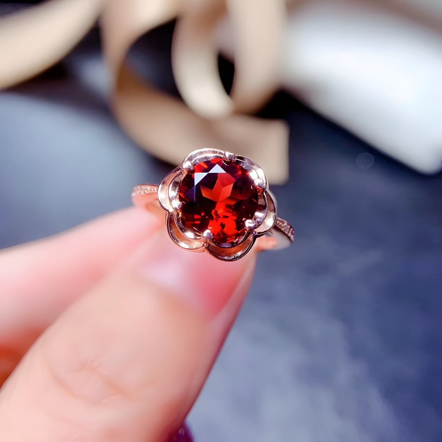 Faceted Garnet Rose Golden Color S925 Silver Ring Rose Shape Design