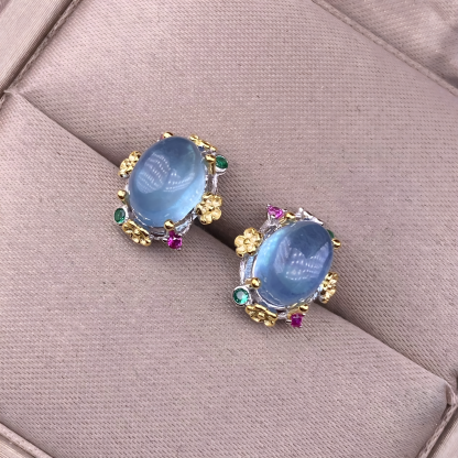 Oval Aquamarine S925 Silver Earring Inlaid With Double Gold Lace Design