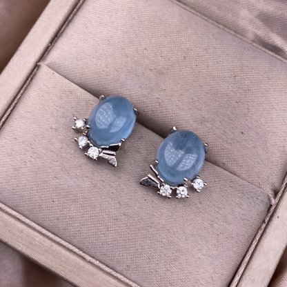 Oval Aquamarine S925 Silver Earring Four Claw Inlaid With Butterfly Design