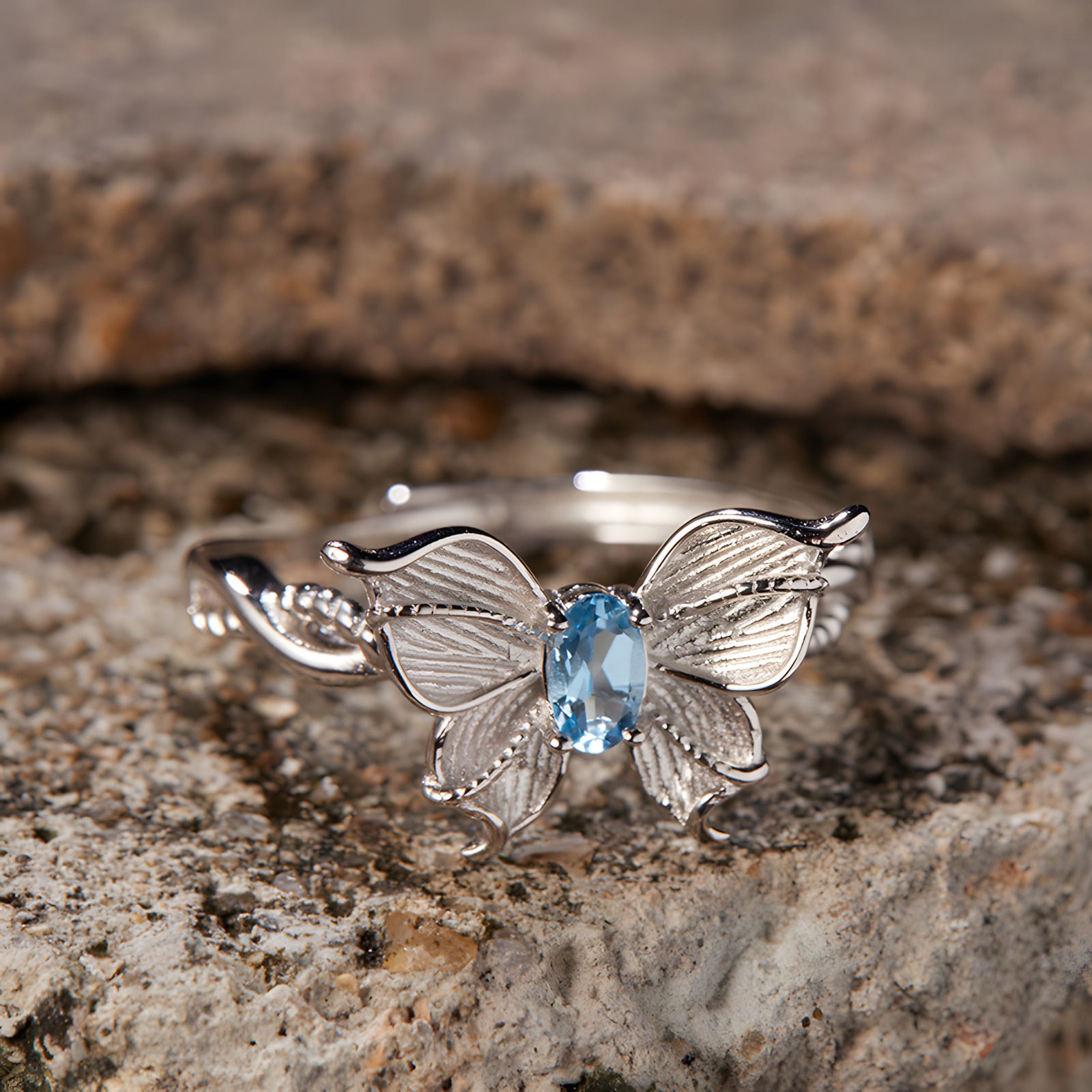 Faceted Oval Blue Topaz S925 Silver Ring Double Layer Three-dimensional Butterfly Design Natural Crystal Set