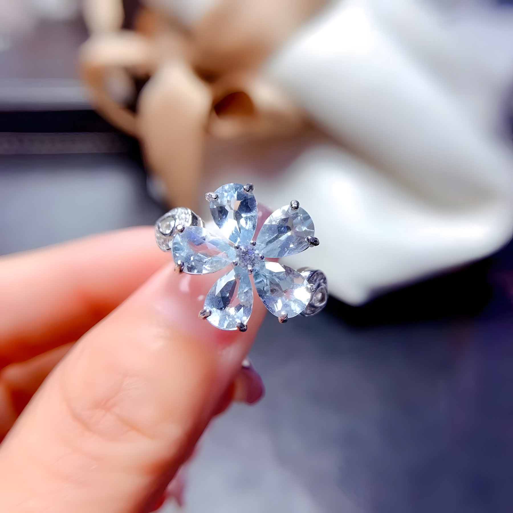 Aquamarine S925 Silver Ring Flower Design