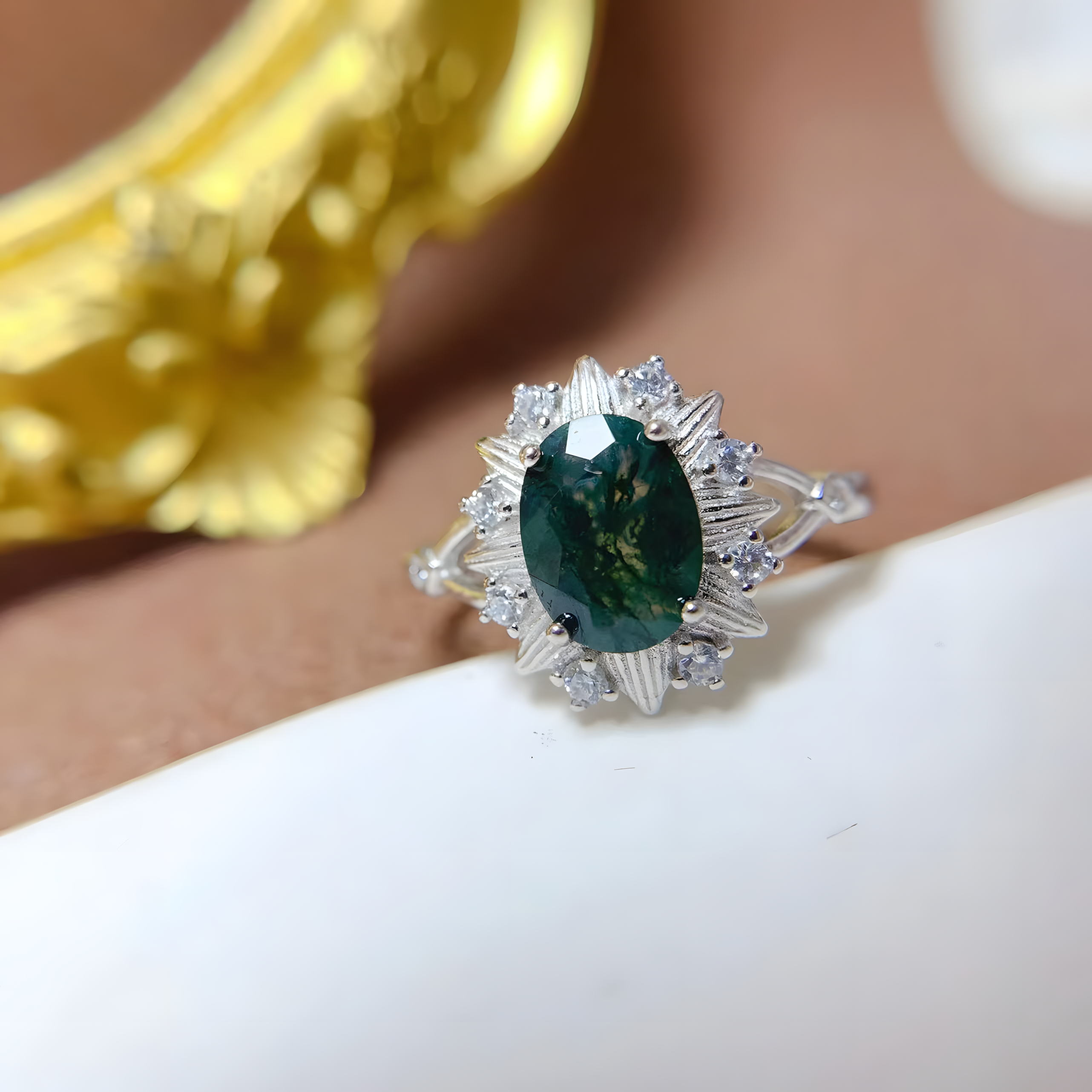 Oval Moss Agate S925 Silver Ring Flower Design